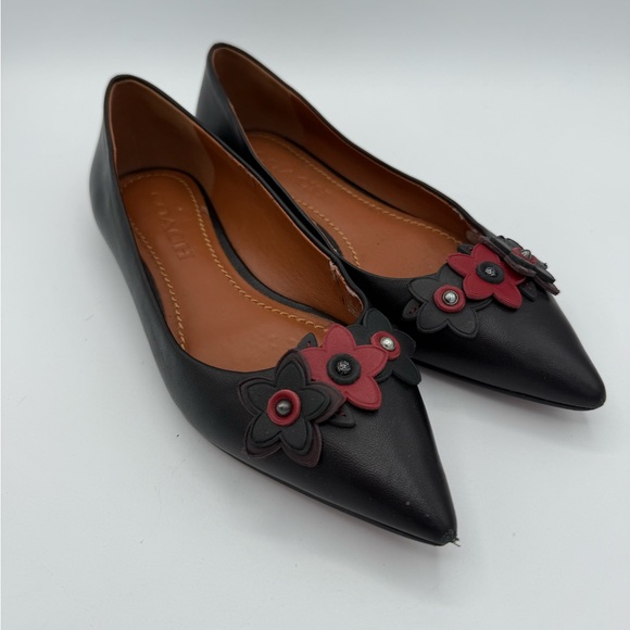 Coach Shoes - Coach Black Leather Pointed Toe Flats Red Black Flower Appliqué Shoes